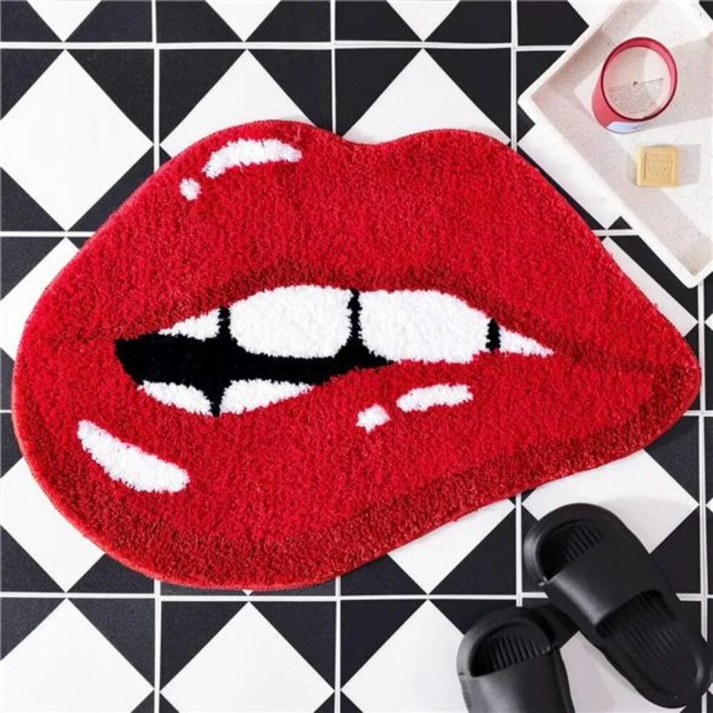 Red lips bathroom rug funny bath mat non slip absorbent washable plush shower ru